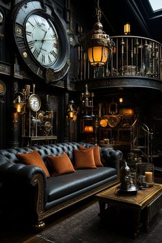 a living room filled with furniture and large clocks