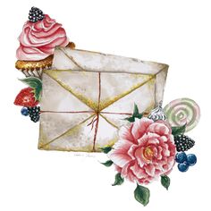 an envelope with cupcakes, berries, and flowers on it next to a piece of cake