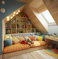 Discover inspiring attic room designs that transform your unused space into creative playrooms for kids. Explore ideas that combine whimsical themes, bright colors, and educational features to create the perfect environment for play, learning, and imagination. Whether you're looking for a magical retreat or a multifunctional play area, find tips and inspiration to make the most of your attic space, turning it into a cherished part of your home wh Attic Turned Playroom, Attic Toy Room Ideas, Attic Room Color Ideas, Attic Art Room, Attic Boys Bedroom, Attic Nook Ideas, Attic Library Sloped Ceiling, Playroom With Bed, Loft Room Ideas Upstairs