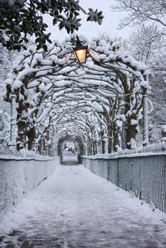 a walkway covered in snow next to a light pole