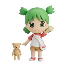 a small doll with green hair holding her hand out to a teddy bear, on a white background