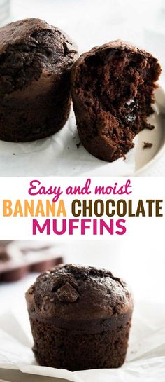 two chocolate muffins on a white plate with the words easy and most banana chocolate muffins