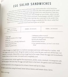 an open book with instructions on how to cook eggs and salad sandwiches for lunch or dinner