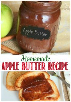 homemade apple butter recipe in a jar and on top of toasted bread with an apple next to it