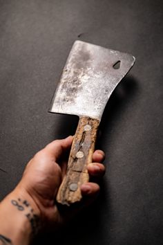 American-Made Full-Tang Steel Briddell Cleaver (wood handle with bras rivets/pins) - 6”x4” (blade), 5.5” (handle), total 11.5” long. One of the nicer steel cleavers we’ve come across with excellent patina on the handle and perfectly functional for its purpose. Found in Washington. Antique Tools, Wood Handle, Rivets, American Made, Patina, Washington