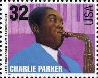 a postage stamp with a portrait of charlie parker playing the saxophone in front of a pink background