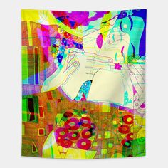 an abstract painting with colorful shapes and colors on it's fabric, featuring a woman sitting in a chair