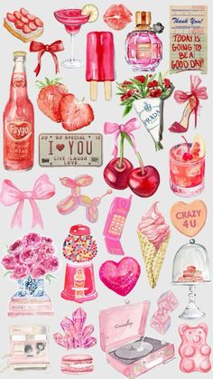 an assortment of pink and red items on a white background, with the words i love you written above them