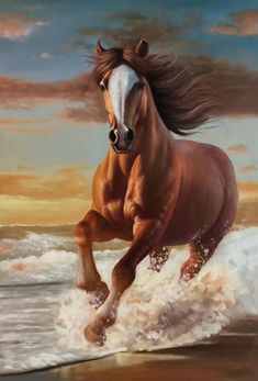 a painting of a horse running in the water on an ocean beach with waves and clouds