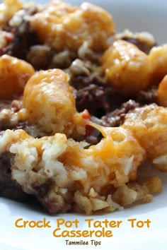 crock pot tater tot casserole on a white plate with text overlay