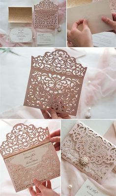 wedding cards and envelopes are shown in different stages of being cut into the paper