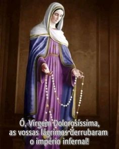 an image of a woman in purple and gold with pearls on her hands, holding a rosary