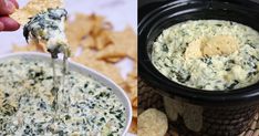 two pictures one with spinach dip and the other with tortilla chips in it