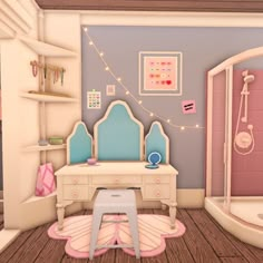 a child's bedroom decorated in pastel colors with pink, blue and white accessories