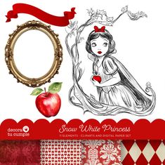 a red and white background with an apple, a girl in a dress and a gold frame