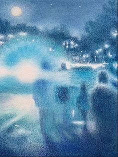 an abstract painting of people walking on the sidewalk at night with street lights in the background