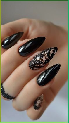 Black Lace Nails Designs Coffin, Natural Color Acrylic Nails, Black Lace Nail Art, Black Lace Nails, Black Wedding Nails, Simple Elegant Nails, Witchy Wedding, Nail Paints