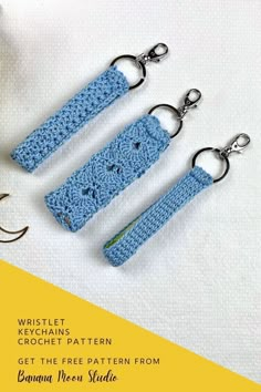 three crochet keychains are shown on a white background with text that reads, wristlet keychain crochet pattern get the free pattern from banana moon studio