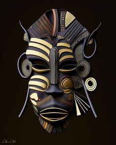 an african mask with intricate designs on it's face and two horns sticking out