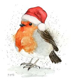 a watercolor painting of a bird wearing a santa hat