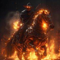 a man riding on the back of a horse next to a fire filled field at night