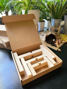 an open cardboard box sitting on top of a table filled with plants and other items