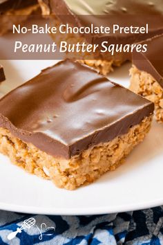 chocolate and peanut butter bars on a white plate