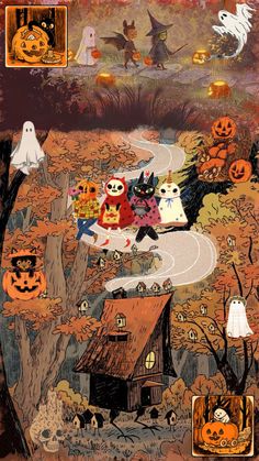 an image of halloween scene with pumpkins and cats