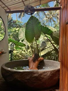 a man in a large stone bathtub surrounded by greenery and palm tree leaves