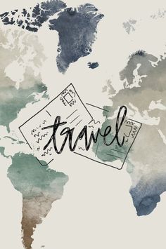 the word travel is written on top of a world map with an arrow pointing to it