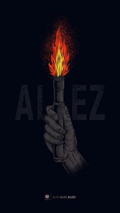 a hand holding a lighter with fire coming out of it's mouth and the word alez written in black