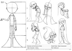 an animation character's face and body sketches