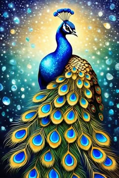 a painting of a peacock with blue feathers