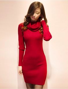 Red Long Sleeve Mini Dress For Winter, Red Long Sleeve Bodycon Dress For Fall, Red Stretch Bodycon Dress For Fall, Solid Bodycon Mini Dress For Winter, Fitted Red Sweater Dress For Winter, Winter Knee-length Mini Dress In Solid Color, Winter Solid Color Mini Bodycon Dress, Winter Red Mini Dress, Red Bodycon Mini Dress For Winter