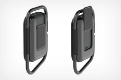 the back and side view of a cell phone holder with two clips attached to it