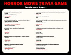 the horror movie trivia game is shown in red and black, with question marks on it