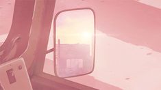 the side mirror of a vehicle is shown in pink and white colors, as if it were taken from inside