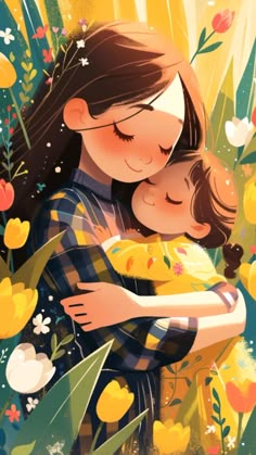 a woman holding a child in her arms while she is surrounded by flowers and grass