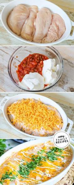 four different types of food are shown in the same pans, including chicken and cheese