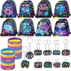 the back to school backpacks and bracelets are all decorated with neon lights, stars, and confetti