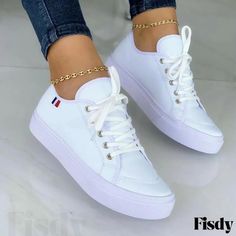 Fisdy - Elegantes zapatos casuales negros: Diseñado a la moda con el remiendo del vendaje y el color sólido; Ideal para la comodidad al aire libre Door Shoes, Autumn Shoes Women, White Fashion Casual, Lace Up Flats, Style Noir, Fall Shoes, Womens Wedges, Lace Up Flat, White Casual