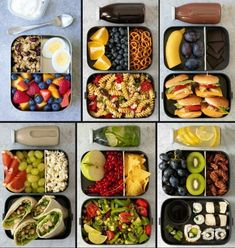 four pictures show different types of food in their trays, including fruit and sandwiches