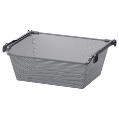 a large gray basket with handles on the front and bottom, sitting against a white background