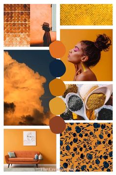 an orange and yellow collage with different pictures on it, including clouds in the sky