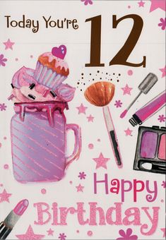 a happy birthday card with pink items and the number 12 on it's front