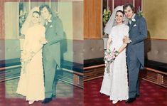 an old photo of a bride and groom posing for the camera with their arms around each other