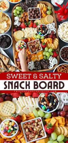 Learn how to make this Sweet and Salty Snack Board for your tailgating snack ideas! This spread is perfect for entertaining and makes the best Gameday food or an easy football food idea! Charcuterie Board Meats, Decorações Com Comidas, A Charcuterie Board, Charcuterie Platter, Charcuterie Cheese, Party Food Platters, Charcuterie And Cheese Board