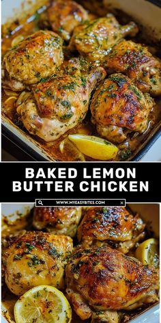 baked lemon butter chicken in a baking pan