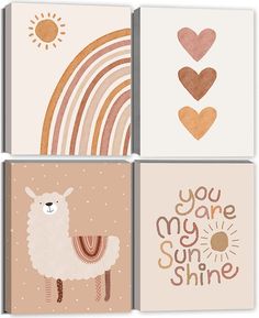 four cards with different designs and words on the front, one has an image of a llama