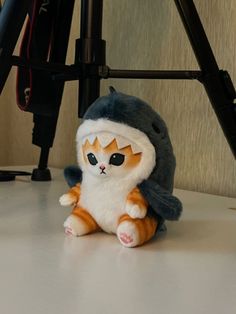 an orange and white cat stuffed animal sitting on top of a table next to a camera